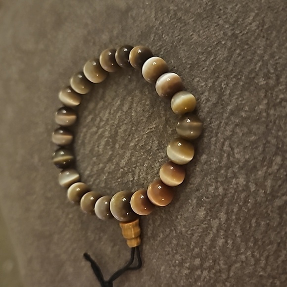 Bronze Honey Cat's Eye Beaded Unisex Prayer Stretch Bracelet - Picture 4 of 5